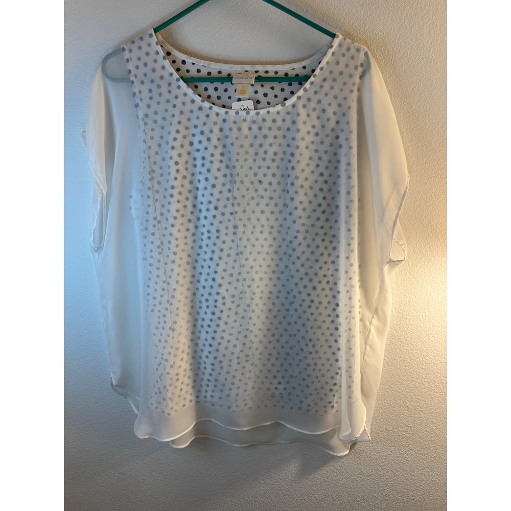 Chico's Polka Dot Layered Blouse White Sheer Short Sleeve Top Size 3 XL